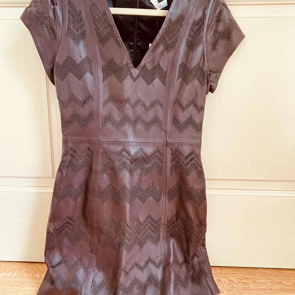Parker Allure Leather Fit and Flare Mini Dress V-Neck Cap Sleeve